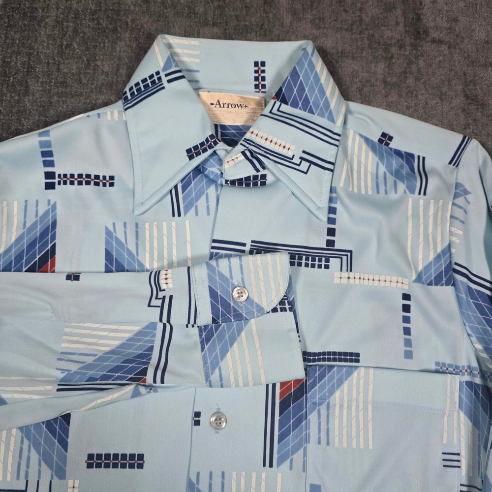 Vtg 70s Dagger Collar Arrow Button Up Shirt Mens Small Blue Geometric Retro